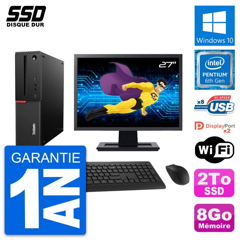 Lenovo M800 SFF Desktop Computer - 27" Screen, Intel Pentium G4400, 8GB RAM, 2TB SSD, Windows 10, WiFi