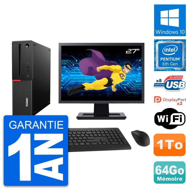 Lenovo M800 SFF Desktop Computer - 27" Screen, Intel G4400, 64GB RAM, 1TB HDD, Windows 10, WiFi