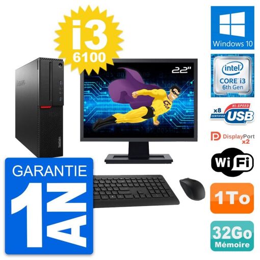 Lenovo M800 SFF Desktop Computer | 22" Screen | Intel i3-6100 | 32GB RAM | 1TB Storage | Windows 10