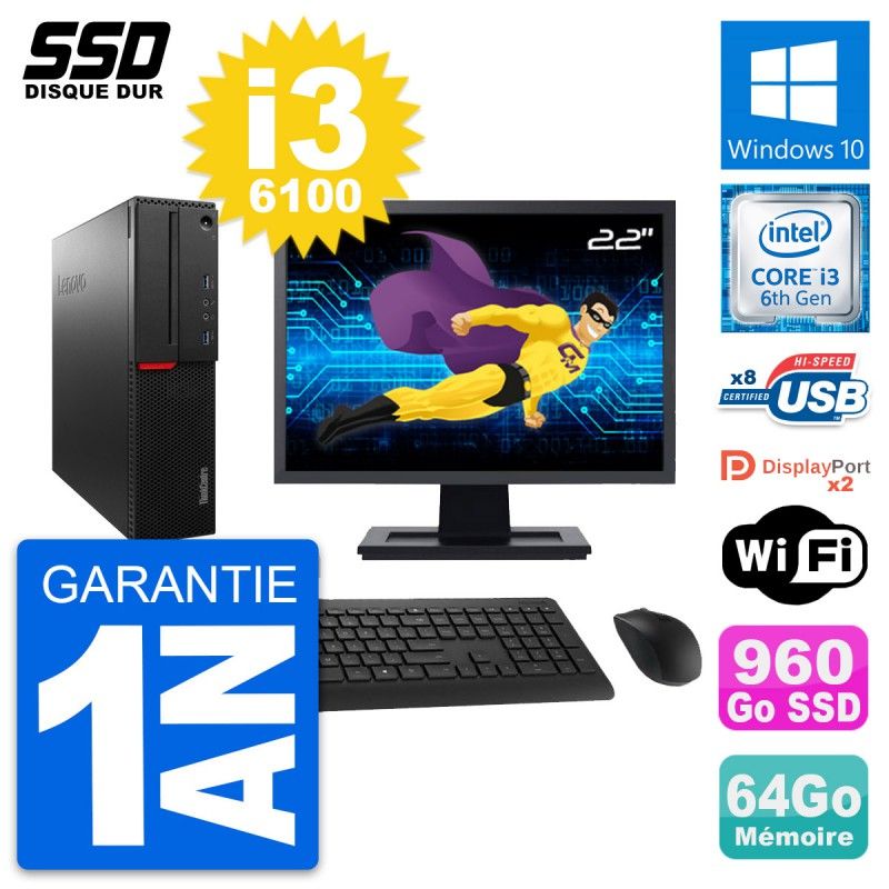 Lenovo M800 SFF Desktop Computer - 22" Screen, Intel i3-6100, 64GB RAM, 960GB SSD, Windows 10, WiFi
