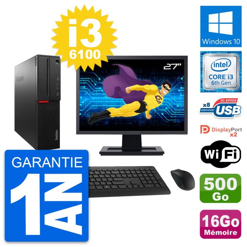 Lenovo M800 SFF Desktop Computer | 27" Screen | Intel i3-6100 | 16GB RAM | 500GB SSD