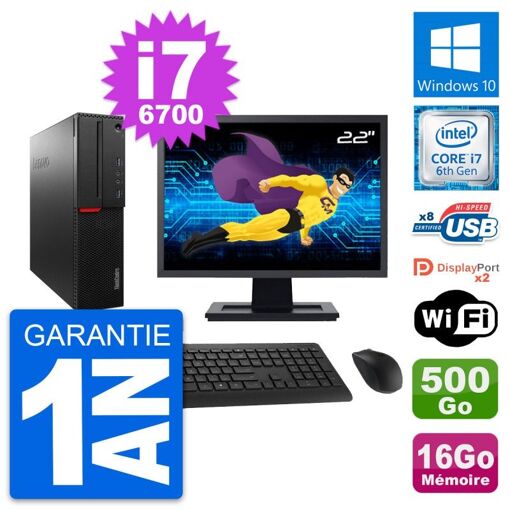 Lenovo M800 SFF Computer - 22" Screen, Intel i7-6700, 16GB RAM, 500GB HDD, Windows 10, WiFi