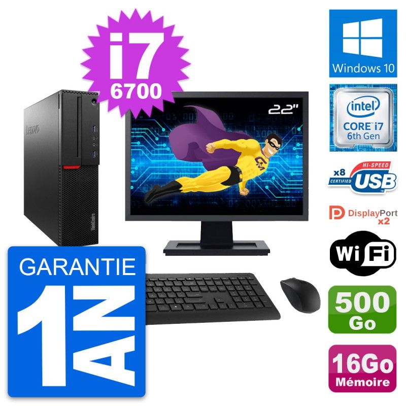 Lenovo M800 SFF Computer - 22" Screen, Intel i7-6700, 16GB RAM, 500GB HDD, Windows 10, WiFi
