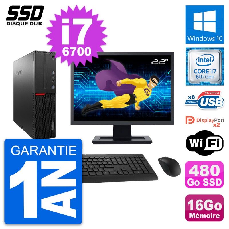 Lenovo M800 SFF Desktop Computer - 22" Screen, Intel i7-6700, 16GB RAM, 480GB SSD, Windows 10, WiFi