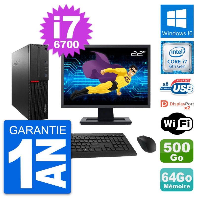 Lenovo M800 SFF Desktop Computer - 22" Screen, i7-6700, 64GB RAM, 500GB HDD, Windows 10, WiFi