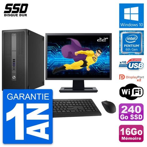 PC de sobremesa HP EliteDesk 800 G2 - Pantalla de 22'', Procesador Intel Pentium G4400, 16GB RAM, 240GB SSD, Windows 10, Wifi