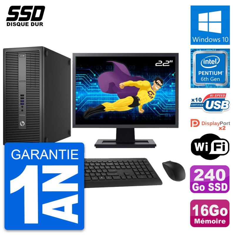 HP EliteDesk 800 G2 Desktop PC - 22" Screen, Intel Pentium G4400, 16GB RAM, 240GB SSD, Windows 10, Wifi