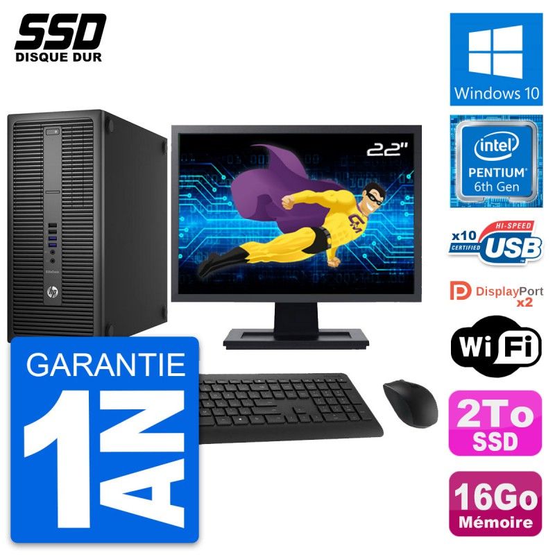 HP EliteDesk 800 G2 Desktop PC - 22" Screen, Intel Pentium G4400, 16GB RAM, 2TB SSD, Windows 10, WiFi