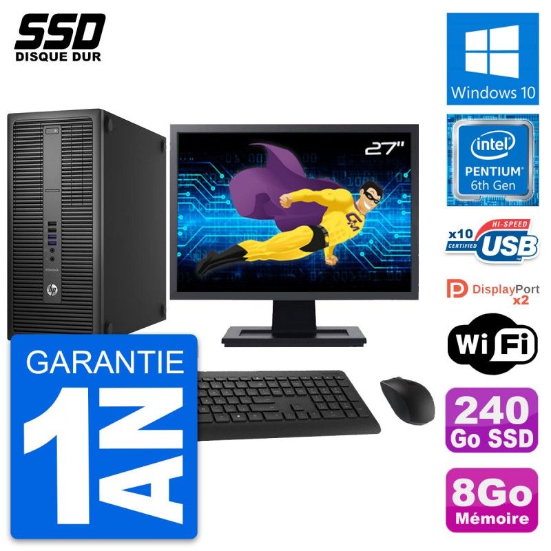 HP EliteDesk 800 G2 Desktop PC - 27" Screen, Intel Pentium G4400, 8GB RAM, 240GB SSD, Windows 10, WiFi
