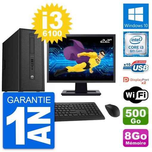 Ordinateur de bureau HP EliteDesk 800 G2, écran 22'', processeur Intel i3-6100, 8 Go de RAM, disque dur 500 Go, Windows 10, WiFi
