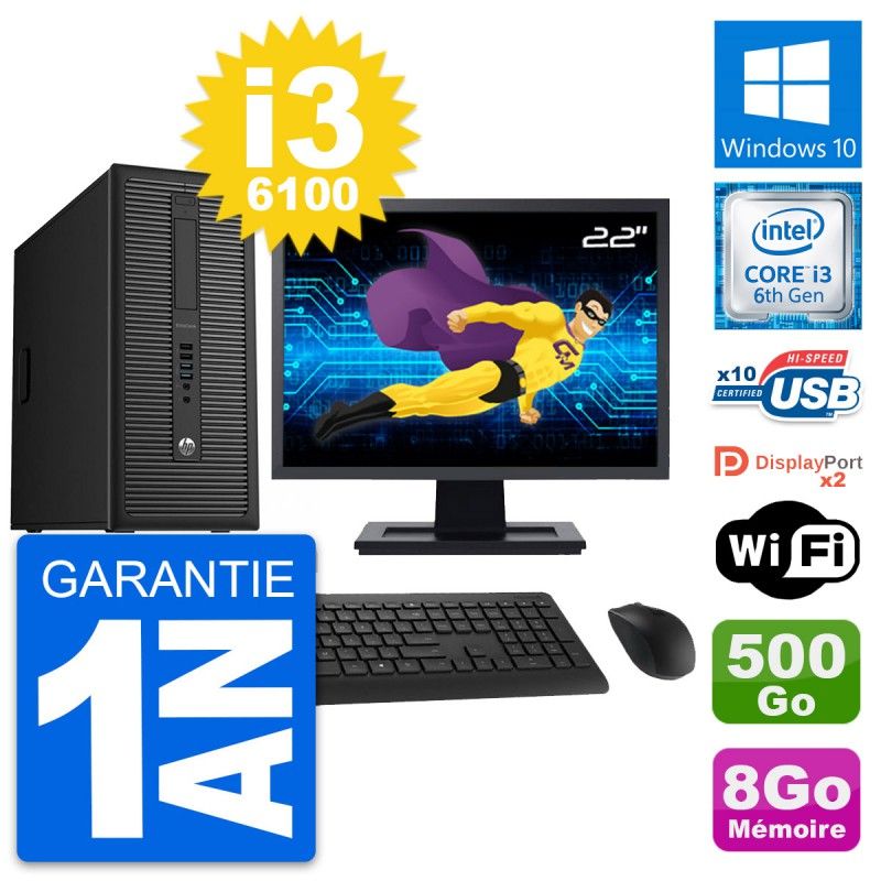 HP EliteDesk 800 G2 Desktop Computer, 22" Screen, Intel i3-6100, 8GB RAM, 500GB HDD, Windows 10, WiFi