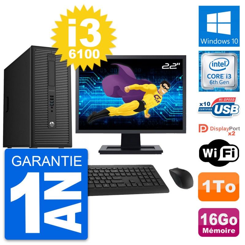 HP EliteDesk 800 G2 Desktop Computer, 22" Screen, Intel i3-6100, 16GB RAM, 1TB Hard Drive, Windows 10, WiFi