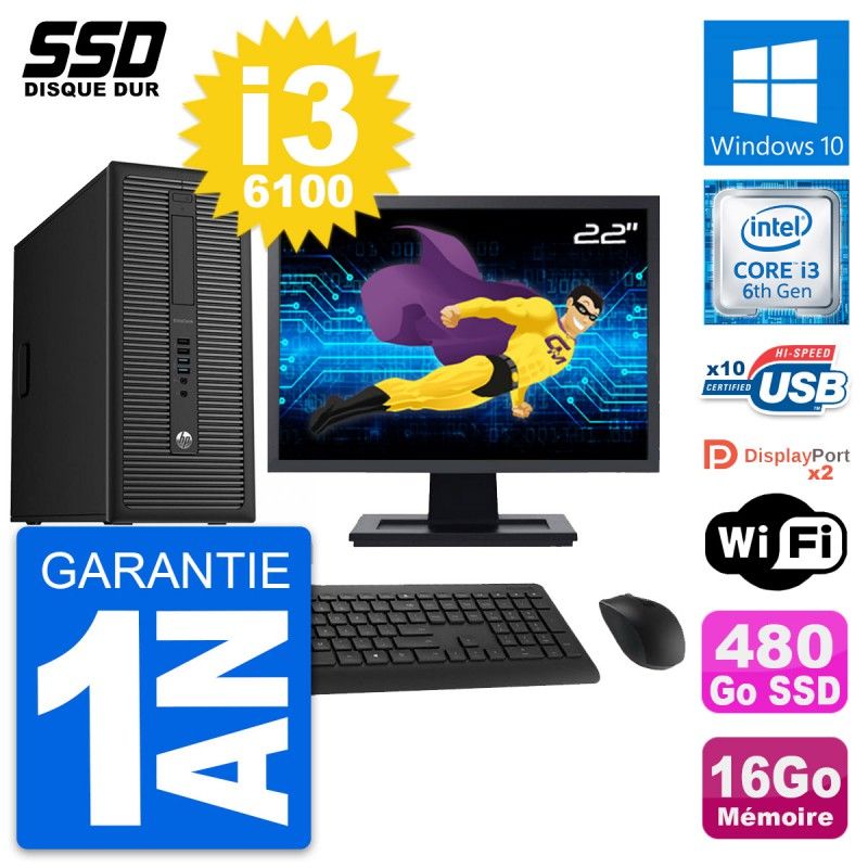 HP EliteDesk 800 G2 Desktop Computer, 22" Screen, i3-6100, 16GB RAM, 480GB SSD, Windows 10, WiFi