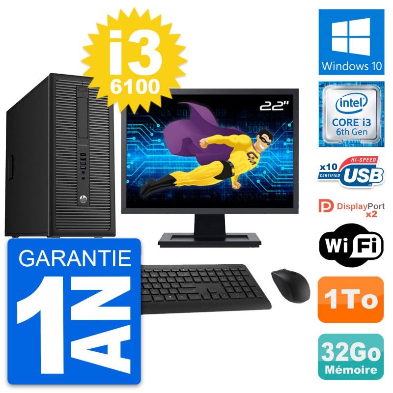 HP EliteDesk 800 G2 Desktop PC - 22" Screen, Intel i3-6100, 32GB RAM, 1TB HDD, Windows 10, WiFi