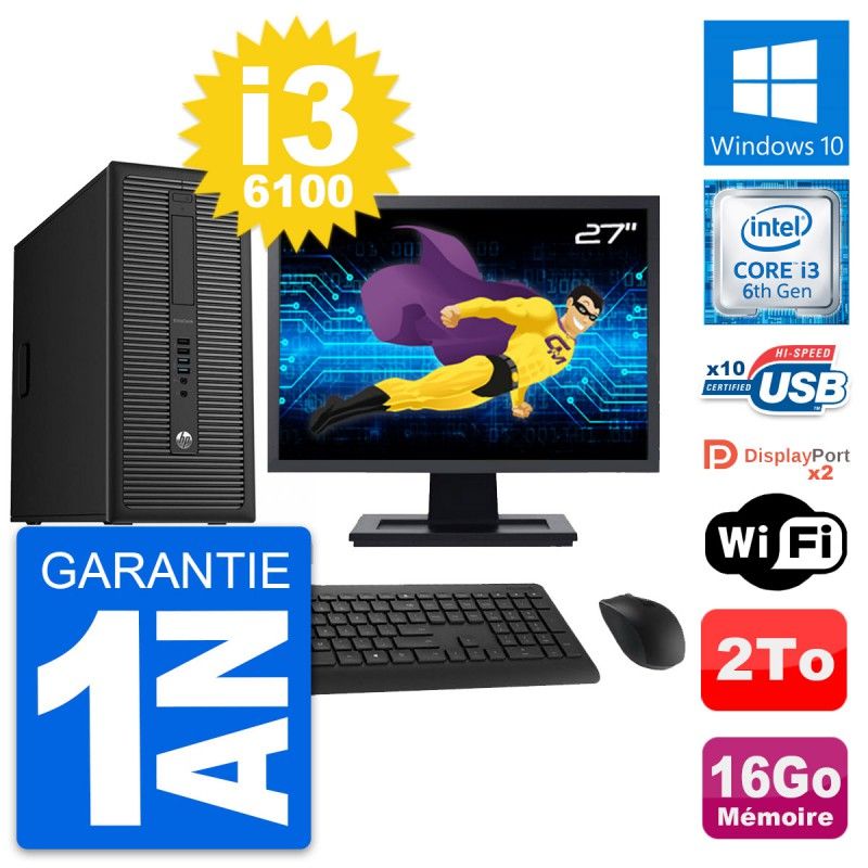 HP EliteDesk 800 G2 Desktop PC - 27" Display, Intel i3-6100, 16GB RAM, 2TB HDD, Windows 10