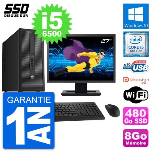 PC de escritorio HP EliteDesk 800 G2 - Pantalla de 27', i5-6500, 8GB RAM, 480GB SSD, Windows 10, WiFi