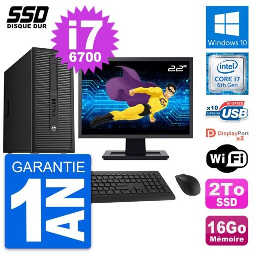 Ordinateur de bureau HP EliteDesk 800 G2 - Écran 22'', i7-6700, 16 Go RAM, 2 To SSD, Windows 10, Wifi