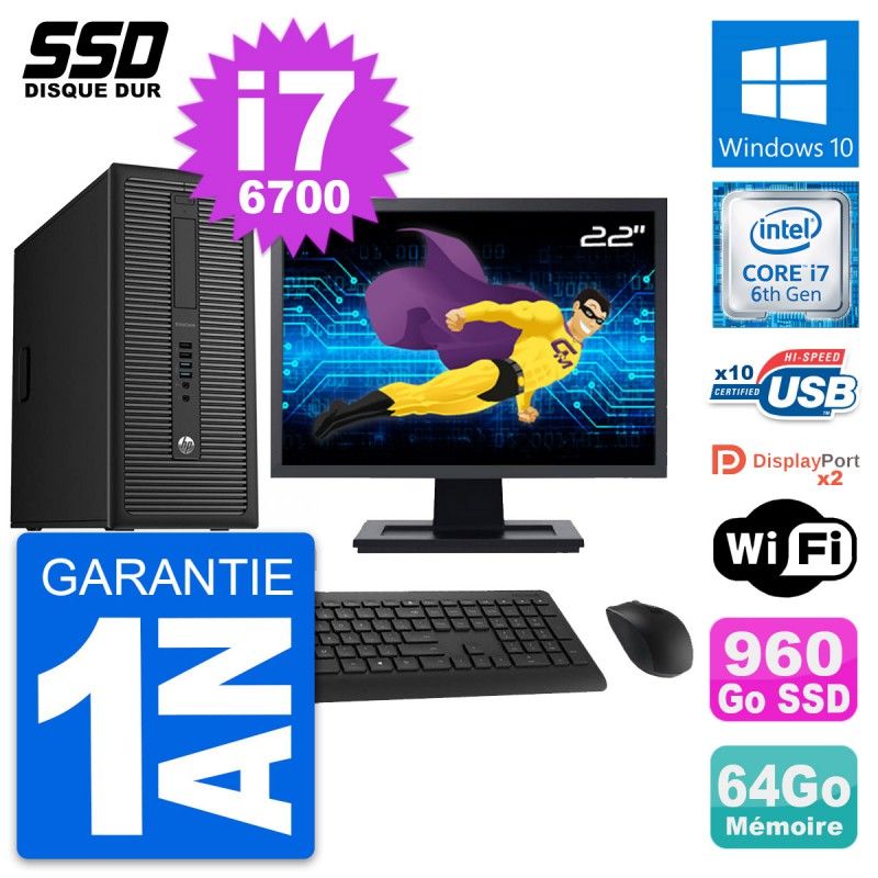 PC de escritorio HP EliteDesk 800 G2 - Pantalla de 22', i7-6700, 64GB de RAM, 960GB SSD, Windows 10, WiFi