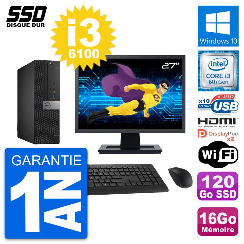 Dell OptiPlex 5040 SFF Desktop Computer, 27" Screen, Intel i3-6100, 16GB RAM, 120GB SSD, HDMI, Windows 10, WiFi
