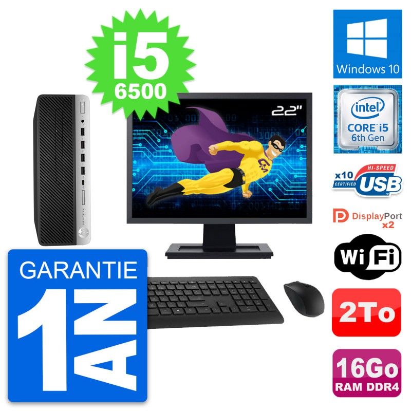 HP ProDesk 600 G3 SFF Desktop Computer, 22" Screen, Intel i5-6500, 16GB RAM, 2TB HDD, Windows 10, WiFi
