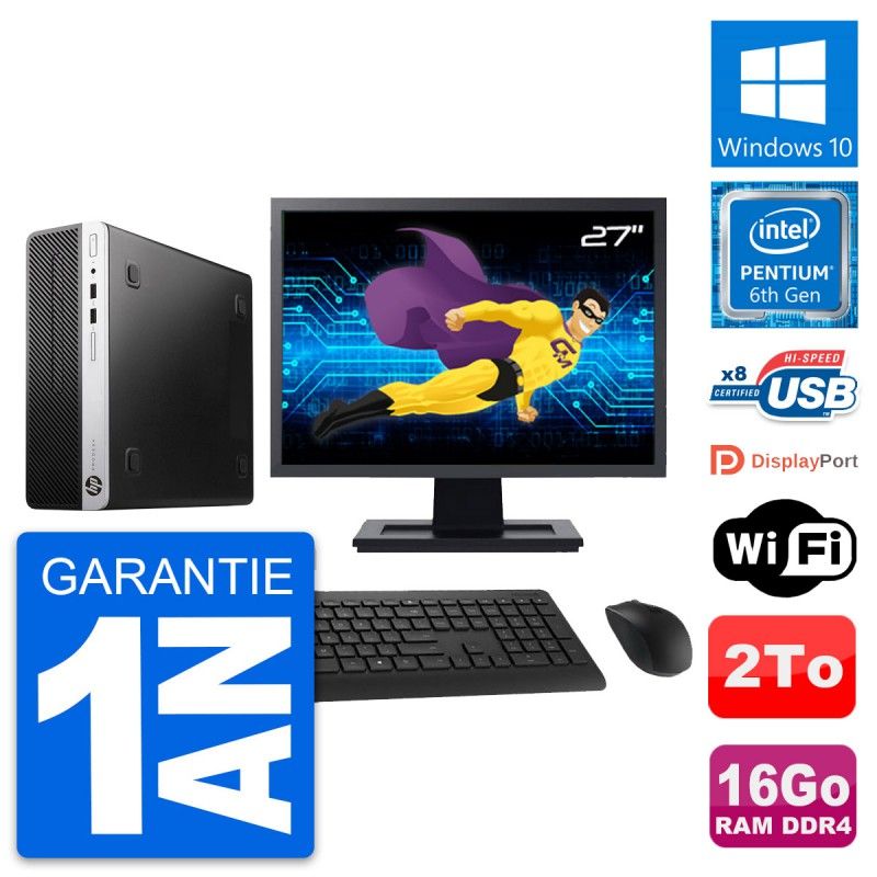 HP ProDesk 400 G4 SFF Computer - 27" Screen, Intel Pentium G4400, 16GB RAM, 2TB Hard Drive, Windows 10, WiFi