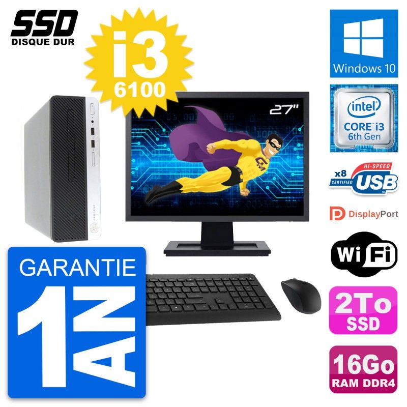 HP ProDesk 400 G4 SFF Desktop Computer, 27" Screen, Core i3-6100, 16GB RAM, 2TB SSD, Windows 10, Wifi