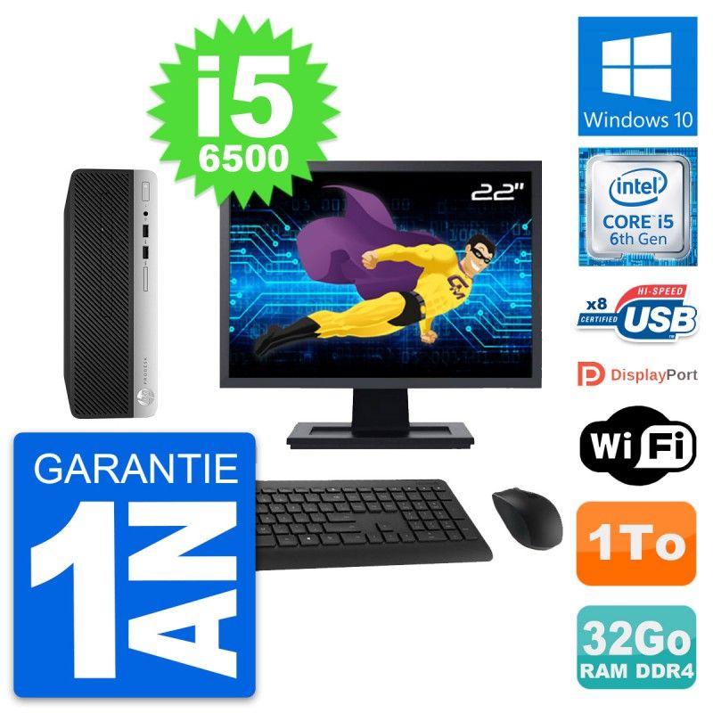 HP ProDesk 400 G4 SFF Computer - 22" Screen, Intel i5-6500, 32GB RAM, 1TB HDD, Windows 10, Wifi