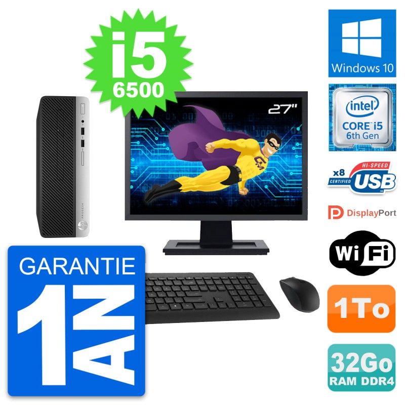 HP ProDesk 400 G4 SFF Desktop Computer, 27" Screen, Intel i5-6500, 32GB RAM, 1TB HDD, Windows 10, WiFi