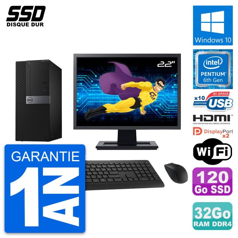 Dell OptiPlex 7040 Desktop Computer - 22" Screen, Intel Pentium G4400, 32GB RAM, 120GB SSD, HDMI