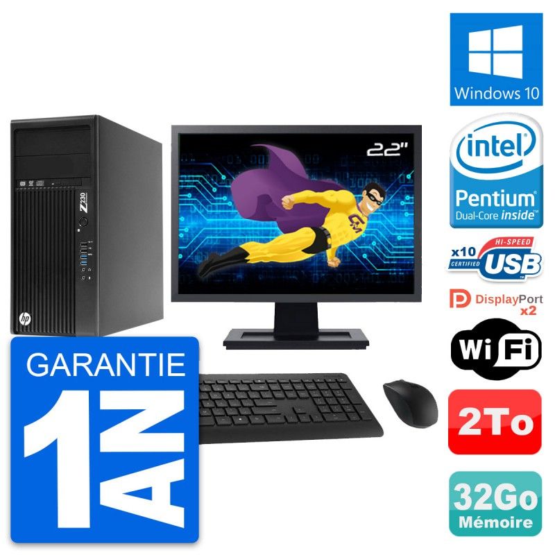 HP Z230 Workstation PC - 22" Screen, Pentium G3220, 32GB RAM, 2TB Hard Drive, Windows 10, WiFi