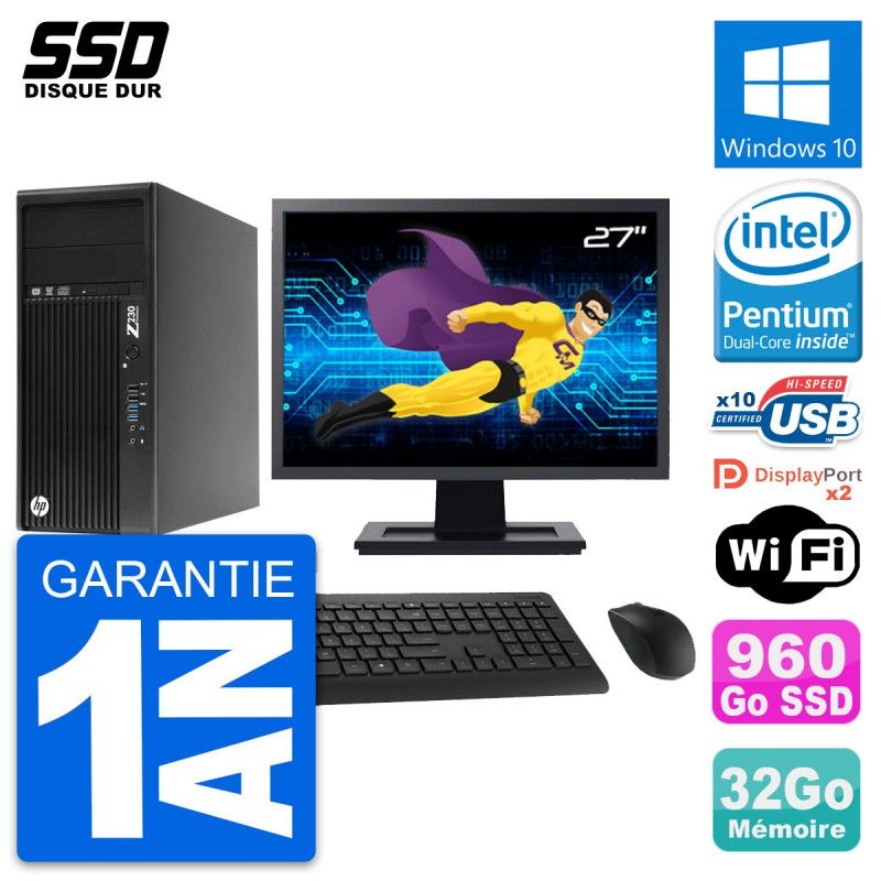 Station de travail HP Z230 - Écran 27 pouces, Processeur Intel Pentium G3220, 32 Go de RAM, 960 Go SSD, Windows 10, WiFi