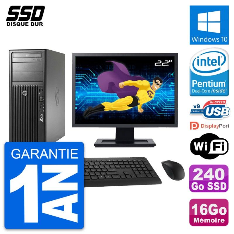HP Z210 Workstation Computer - 22" Screen, Intel Pentium G630, 16GB RAM, 240GB SSD, Windows 10, WiFi