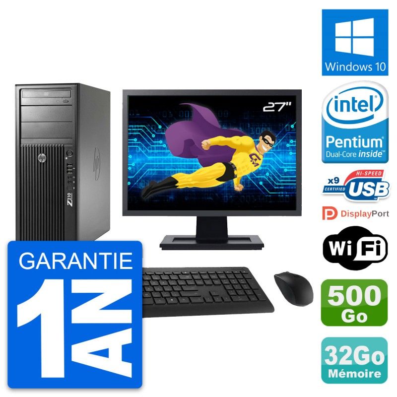 HP Z210 Workstation PC - 27" Screen, Intel G630, 32GB RAM, 500GB HDD, Windows 10, WiFi