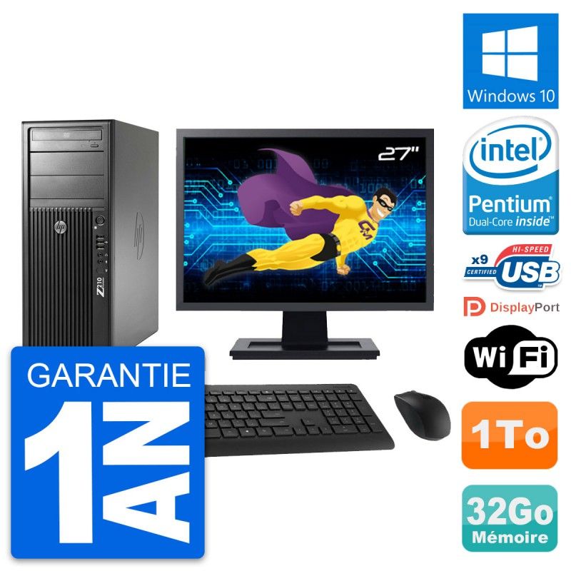 HP Z210 Desktop PC - 27" Screen, Intel G630, 32GB RAM, 1TB HDD, Windows 10, WiFi