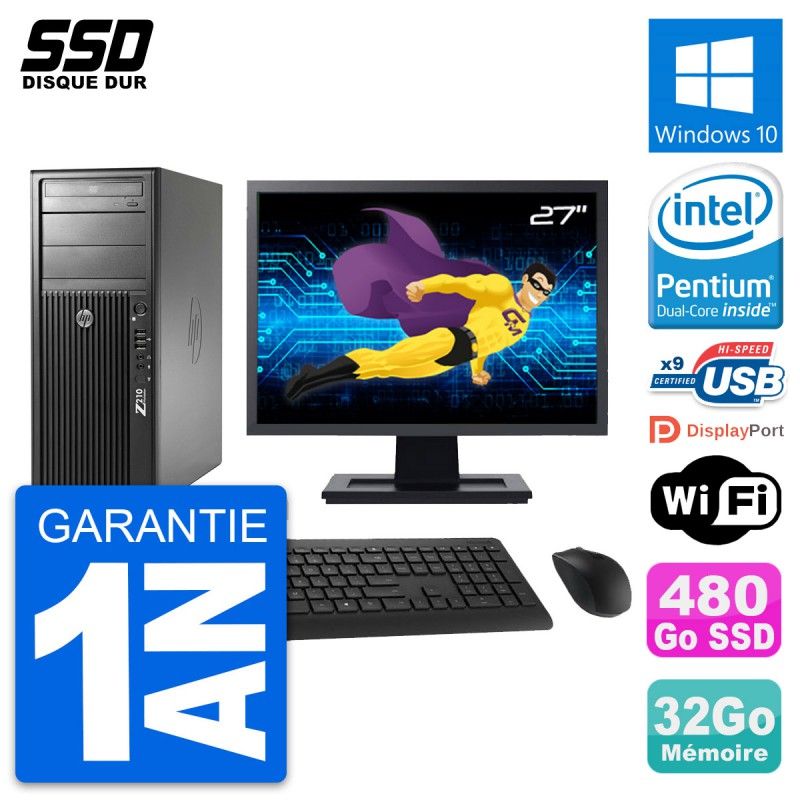 HP Z210 Workstation Computer - 27" Screen, Intel Pentium G630, 32GB RAM, 480GB SSD, Windows 10, WiFi