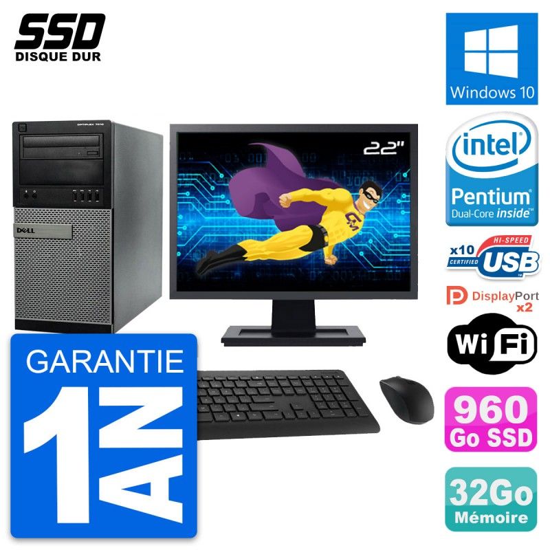 Dell Optiplex 7010 Desktop PC - 22" Screen, Intel Pentium G2020, 32GB RAM, 960GB SSD, Windows 10, WiFi