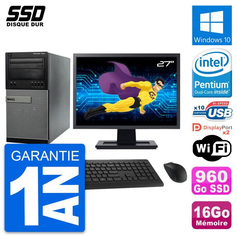 Dell Optiplex 7010 Desktop PC - 27" Display, Intel Pentium G2020, 16GB RAM, 960GB SSD, Windows 10, WiFi