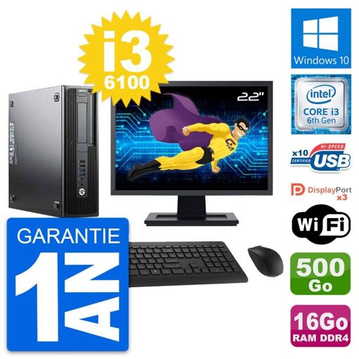 Ordinateur de bureau HP Z240 SFF - Écran 22'', Intel i3-6100, 16 Go de RAM, 500 Go HDD, Windows 10, Wifi