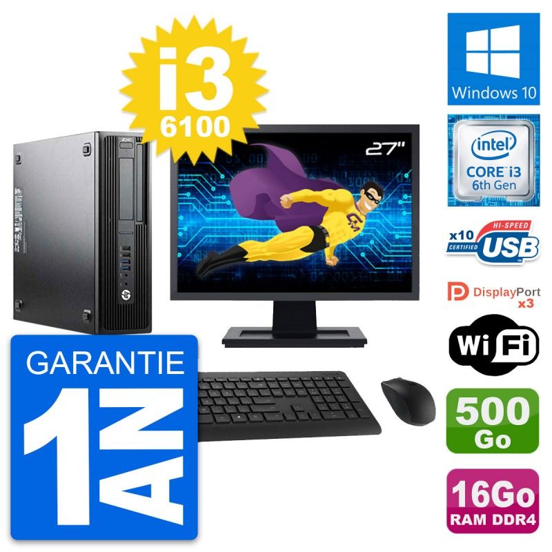 HP Z240 SFF Desktop Computer - 27" Screen, Intel i3-6100, 16GB RAM, 500GB HDD, Windows 10, WiFi