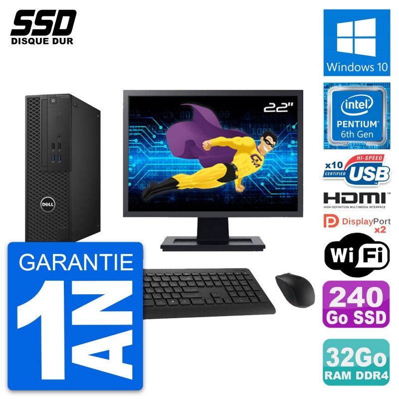 Dell T3420 SFF Desktop Computer, 22" Screen, Intel G4400, 32GB RAM, 240GB SSD, HDMI, Windows 10, WiFi