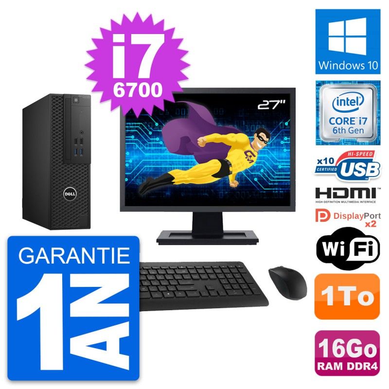 Dell T3420 SFF Computer - 27" Screen, i7-6700, 16GB RAM, 1TB HDD, HDMI, WiFi