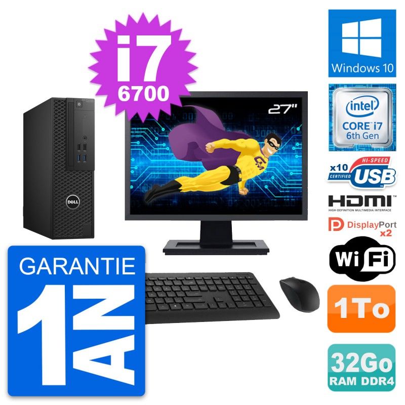 Dell T3420 SFF Computer - 27" Screen, i7-6700, 32GB RAM, 1TB HDD, HDMI, WiFi