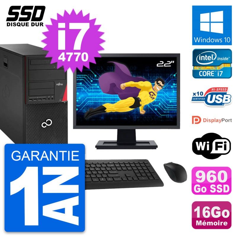 Fujitsu P920 22-inch PC Tower - Intel i7-4770, 16GB RAM, 960GB SSD, Windows 10, WiFi