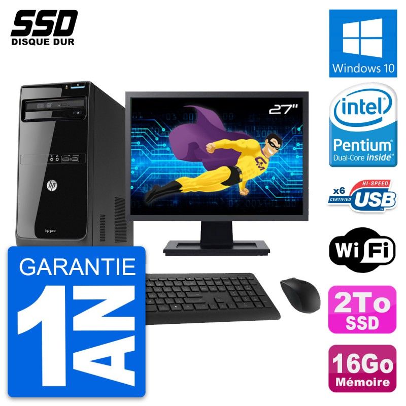 HP Pro 3400 MT Desktop PC - 27" Screen, Pentium G630, 16GB RAM, 2TB SSD, Windows 10, Wifi