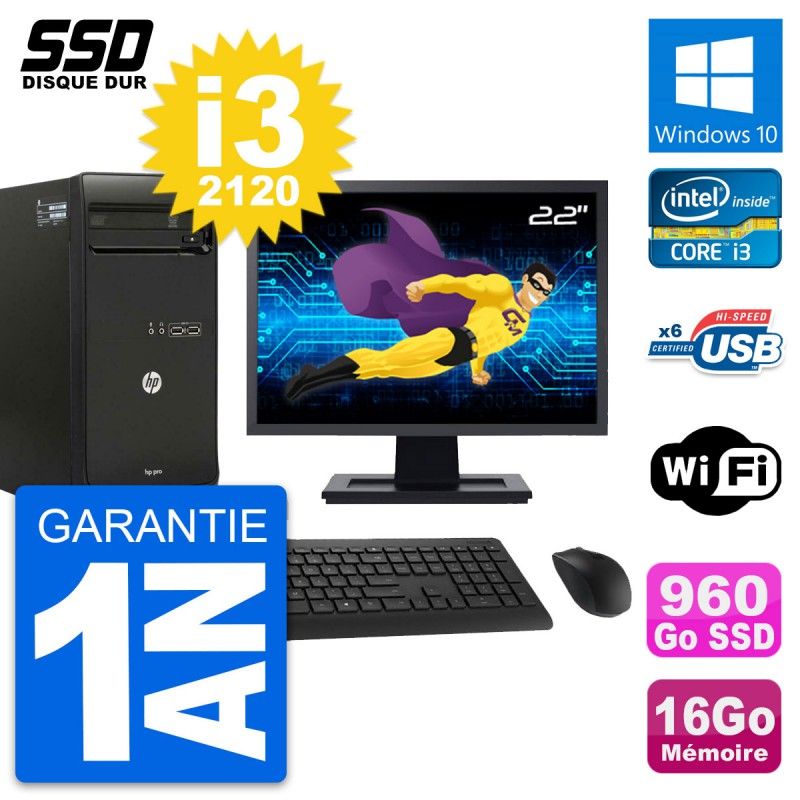 HP Pro 3400 MT Desktop PC - 22" Screen, Intel Core i3-2120, 16GB RAM, 960GB SSD, Windows 10, WiFi