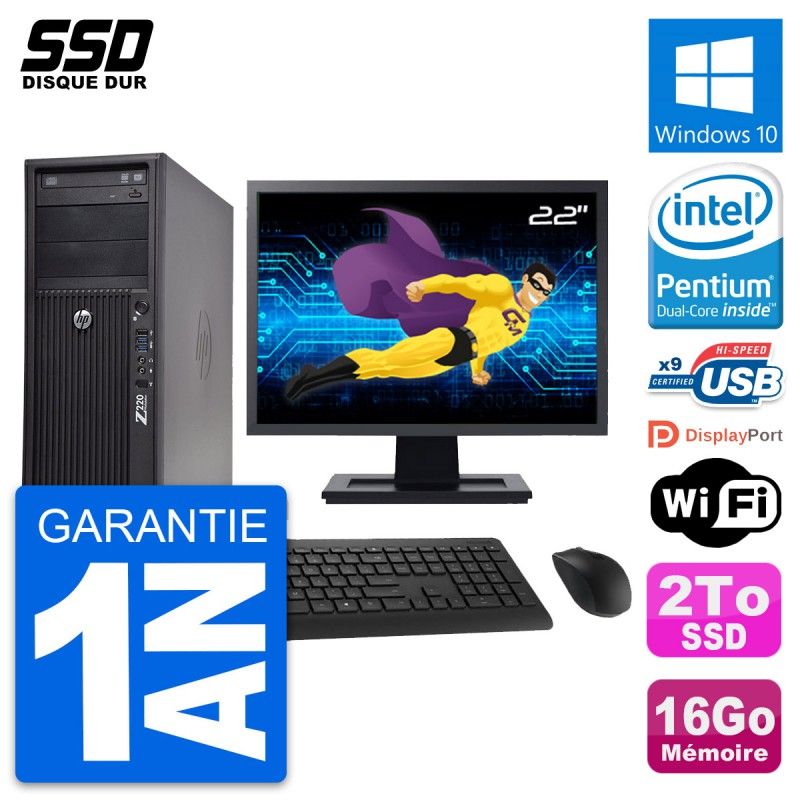 HP WorkStation Z220 Desktop PC - 22" Screen, Intel Pentium G2020, 16GB RAM, 2TB SSD, Windows 10, WiFi