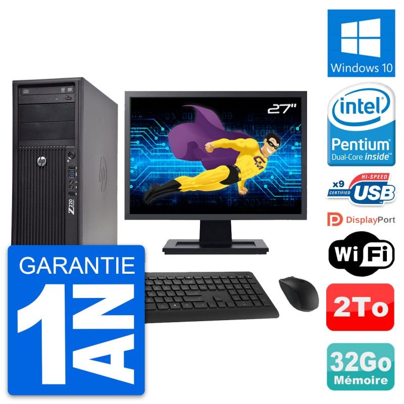 HP WorkStation Z220 Desktop Computer, 27" Screen, Intel Pentium G2020, 32GB RAM, 2TB HDD, Windows 10, WiFi