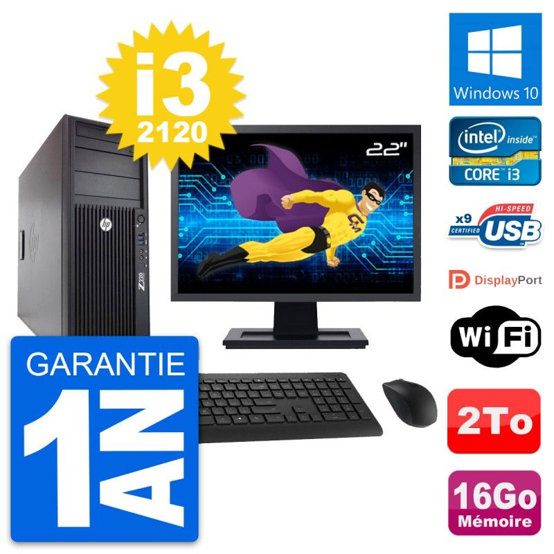 HP Z220 Workstation Computer - 22" Screen, Intel Core i3-3220, 16GB RAM, 2TB HDD, Windows 10, WiFi