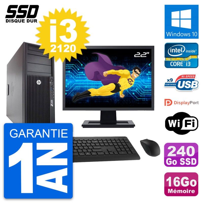 HP WorkStation Z220 Desktop PC - 22" Screen, i3-3220, 16GB RAM, 240GB SSD, Windows 10, WiFi