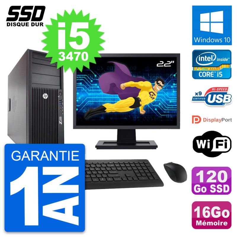 HP WorkStation Z220 Computer - 22" Screen, i5-3470, 16GB RAM, 120GB SSD, Windows 10, Wifi